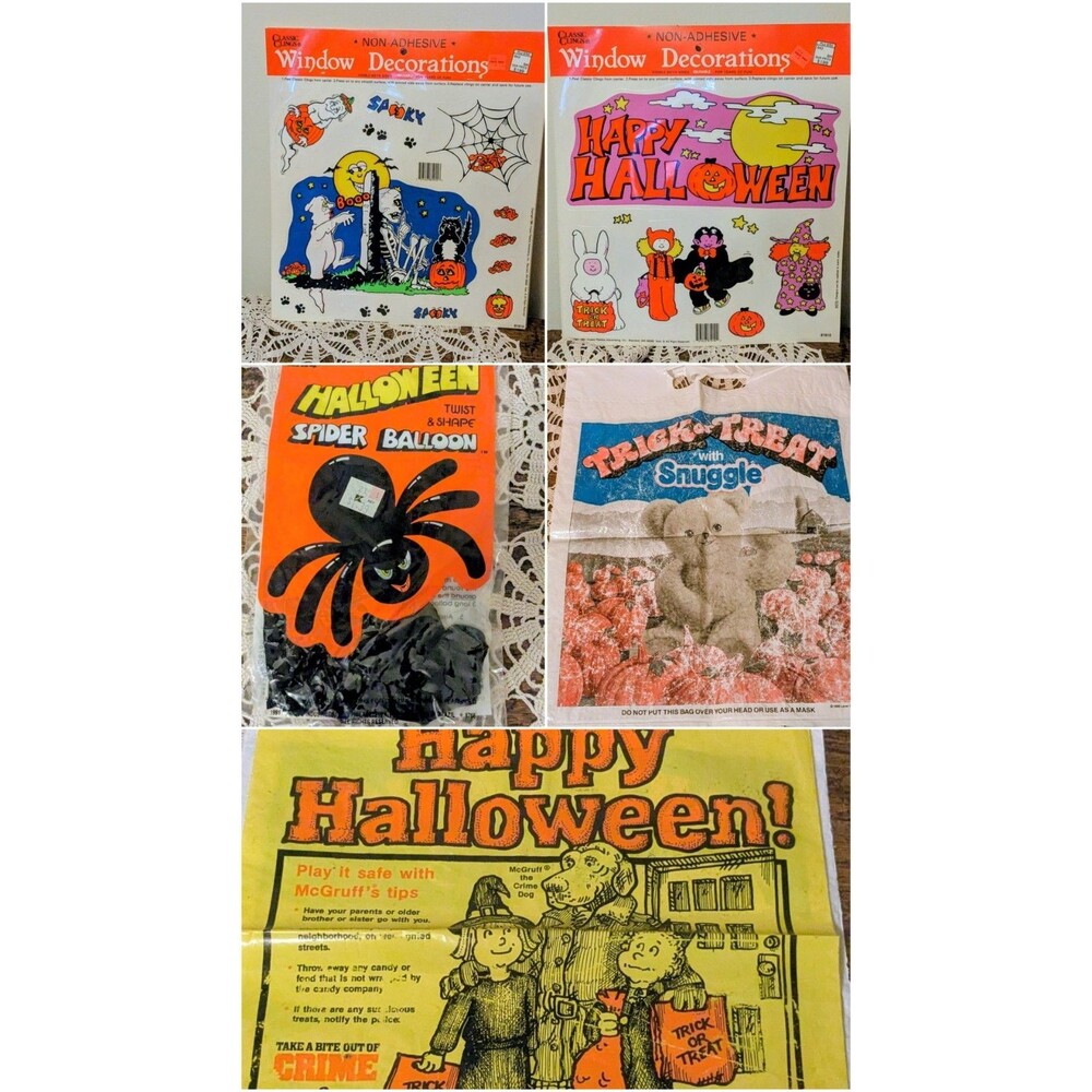 Vintage 1990s Halloween Lot Window Clings Snuggle McGruff Bag Spider Balloon